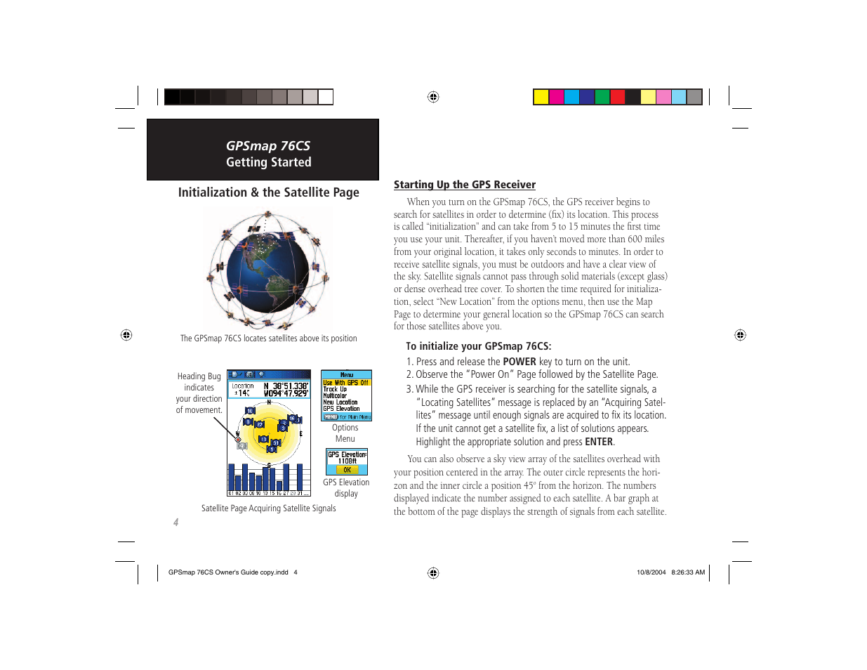 Gpsmap 76cs getting started, Initialization & the satellite page | Garmin GPSMAP 76CS User Manual | Page 14 / 110