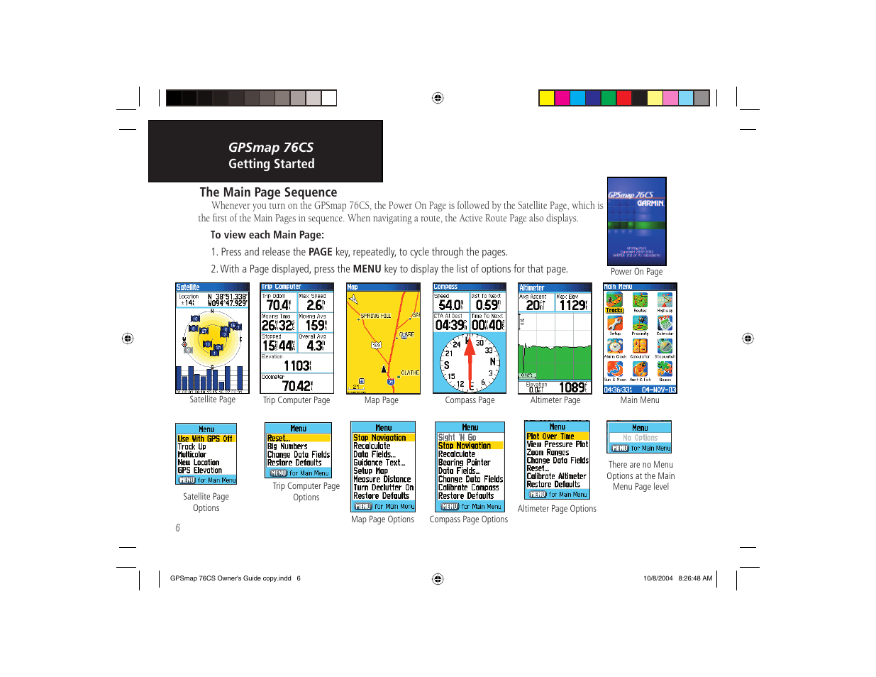 Gpsmap 76cs getting started the main page sequence | Garmin GPSMAP 76CS User Manual | Page 16 / 110