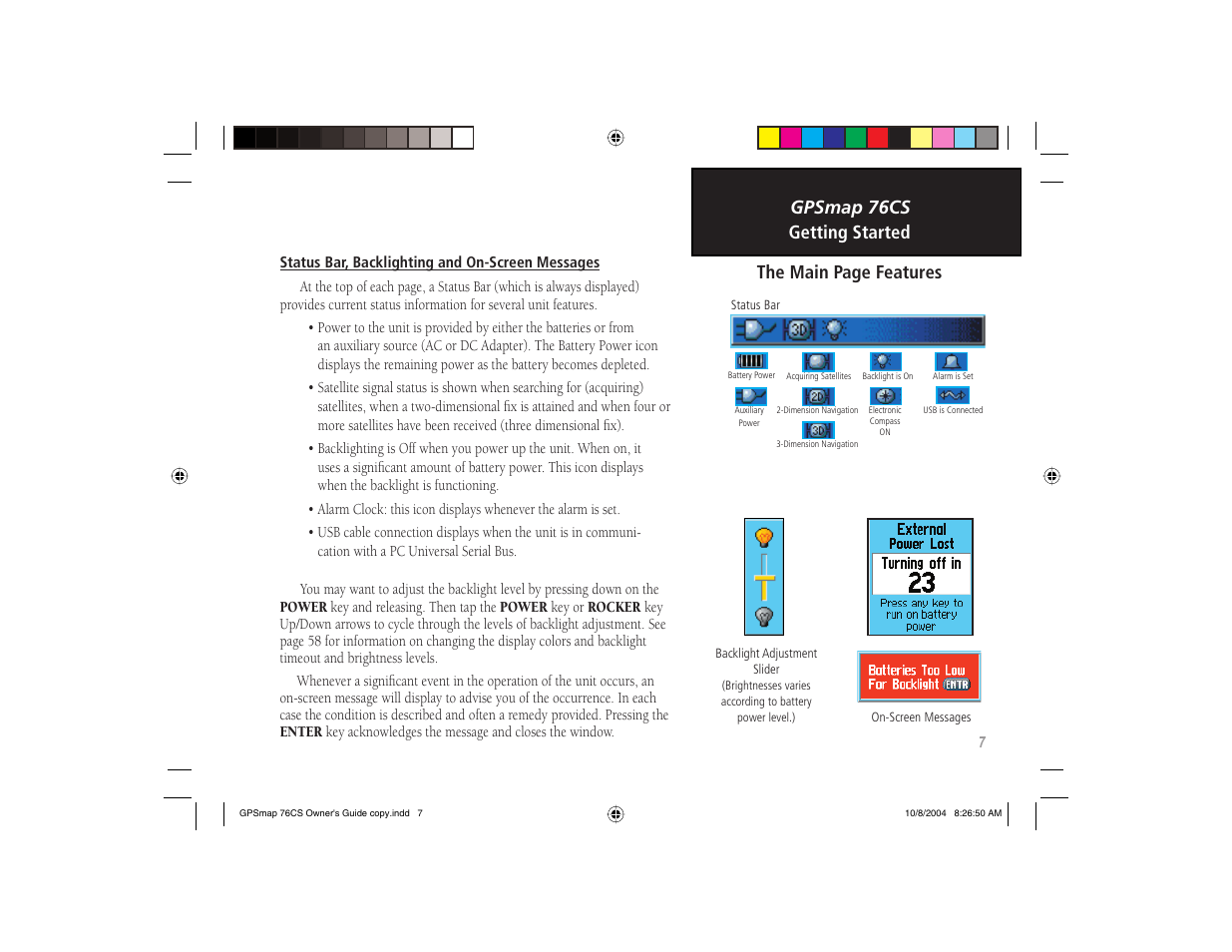 Gpsmap 76cs, Getting started the main page features | Garmin GPSMAP 76CS User Manual | Page 17 / 110