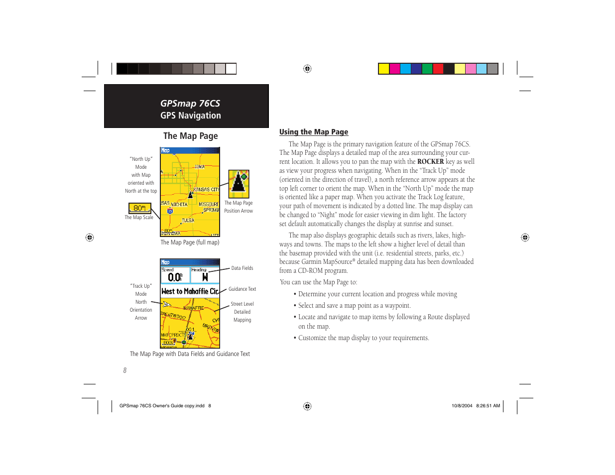 Gpsmap 76cs gps navigation the map page | Garmin GPSMAP 76CS User Manual | Page 18 / 110