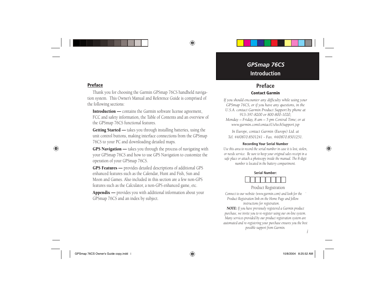 Gpsmap 76cs preface introduction | Garmin GPSMAP 76CS User Manual | Page 3 / 110