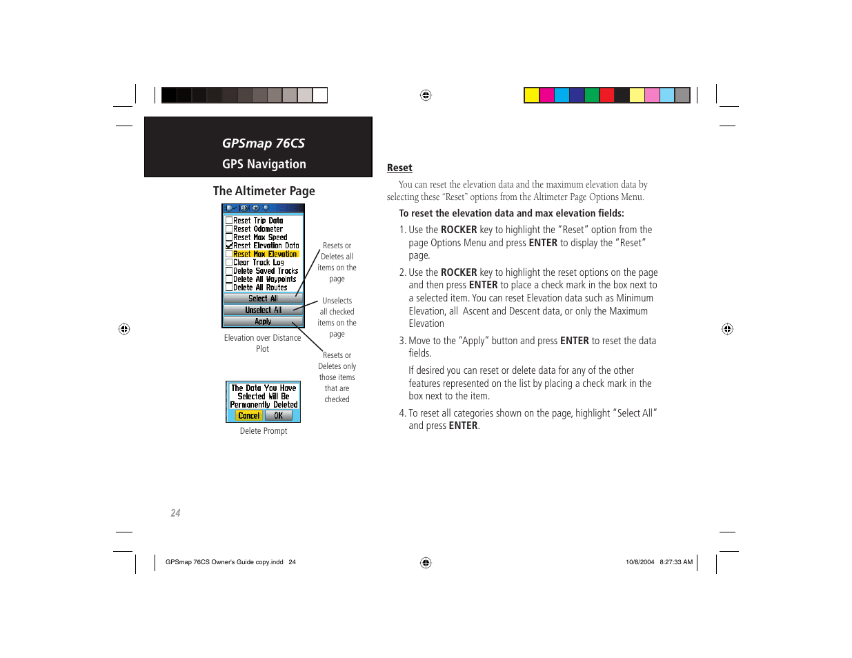 Gpsmap 76cs gps navigation the altimeter page | Garmin GPSMAP 76CS User Manual | Page 34 / 110