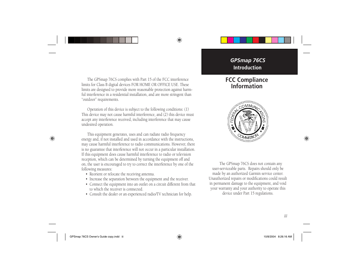 Fcc compliance information | Garmin GPSMAP 76CS User Manual | Page 5 / 110