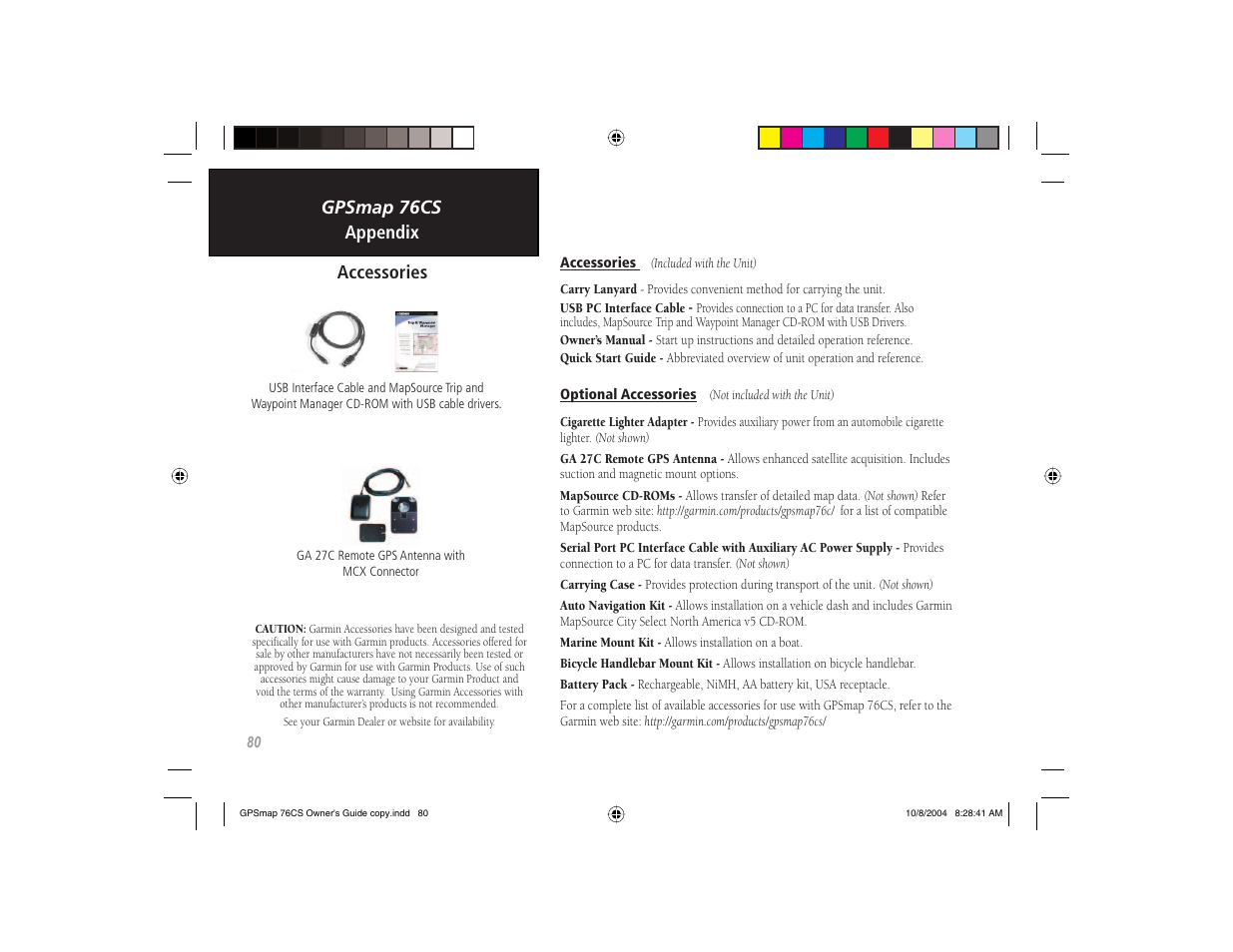 Gpsmap 76cs appendix, Accessories | Garmin GPSMAP 76CS User Manual | Page 90 / 110