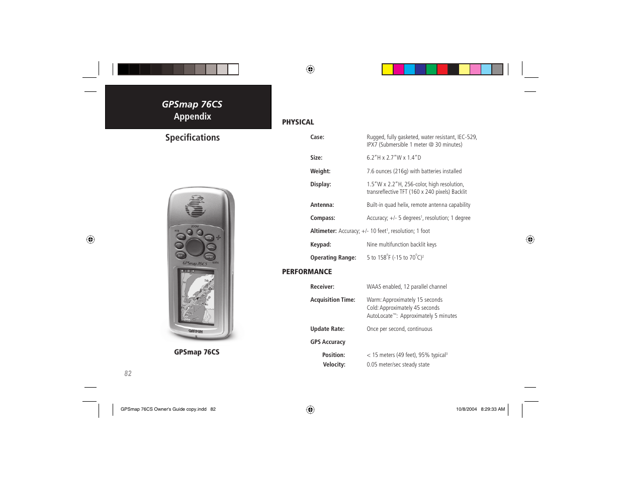 Gpsmap 76cs appendix, Specifi cations | Garmin GPSMAP 76CS User Manual | Page 92 / 110