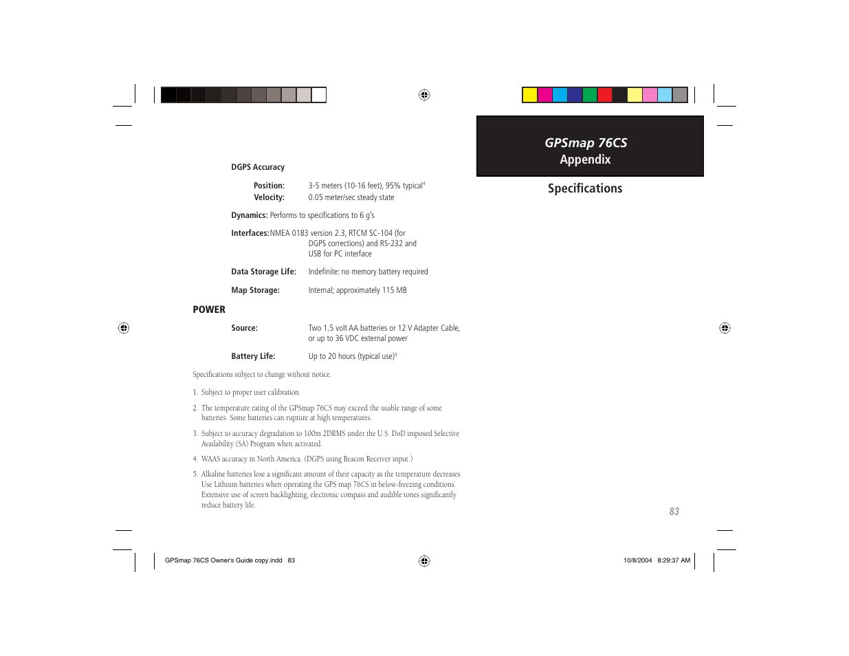 Gpsmap 76cs appendix, Specifi cations | Garmin GPSMAP 76CS User Manual | Page 93 / 110