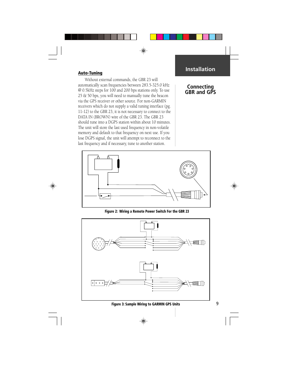 Gbr 23, Installation connecting gbr and gps, Units with 18 pin plug gbr 23 | Units with 4 pin, rectangle plug, Auto-tuning, Figure 3: sample wiring to garmin gps units, Switch power/data cable remote power switch | Garmin GBR 23 User Manual | Page 11 / 24