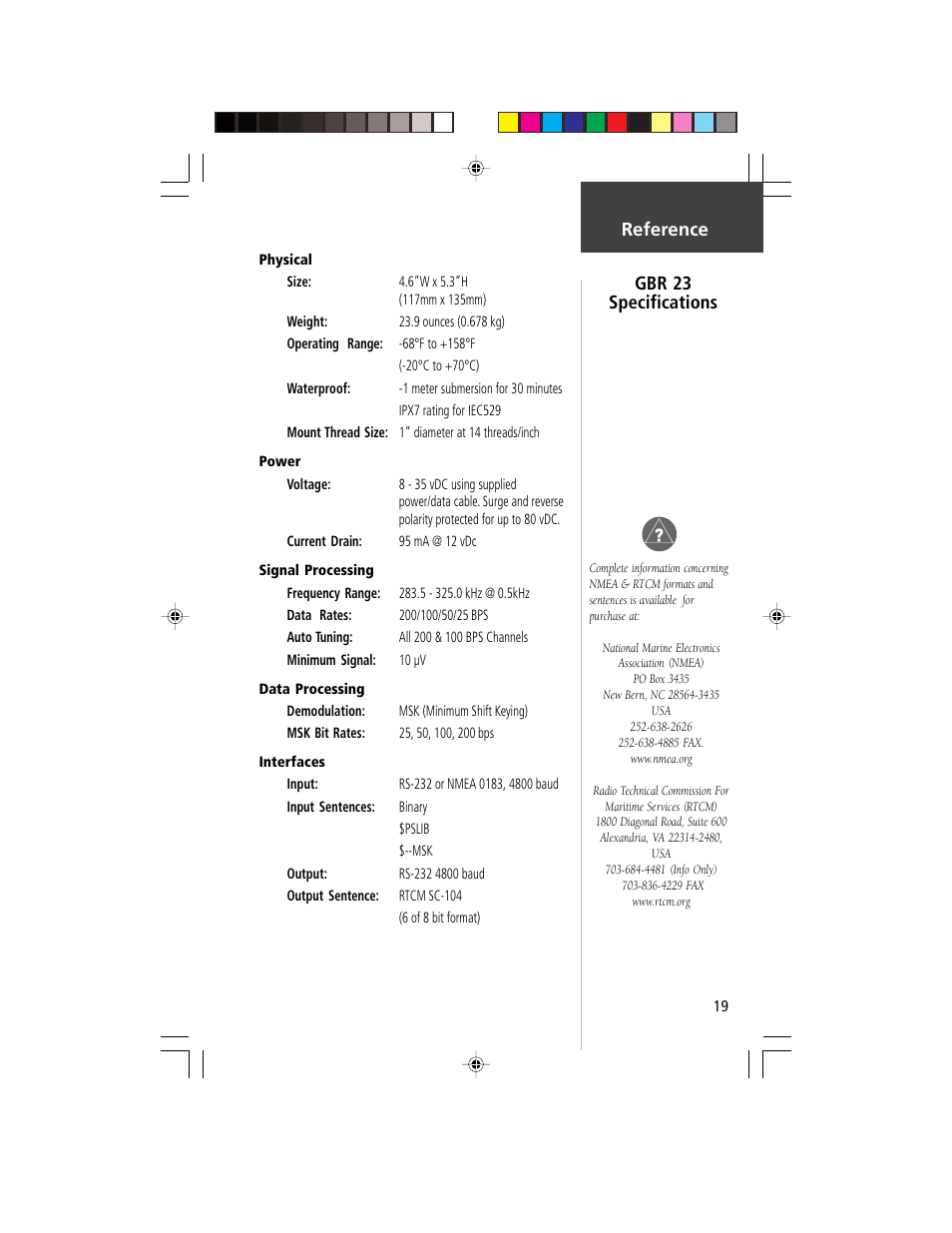 Reference, Gbr 23 specifications | Garmin GBR 23 User Manual | Page 21 / 24