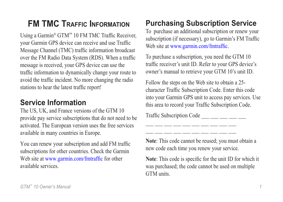 Fm tmc t, Service information, Purchasing subscription service | Garmin GTM 10 User Manual | Page 3 / 8