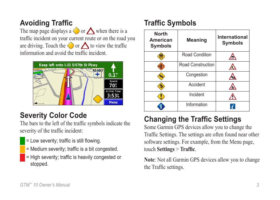 Avoiding trafﬁc, Severity color code, Trafﬁc symbols | Changing the trafﬁc settings | Garmin GTM 10 User Manual | Page 5 / 8