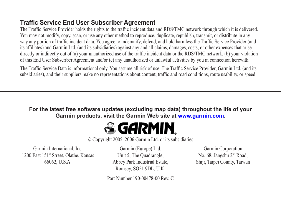 Trafﬁc service end user subscriber agreement | Garmin GTM 10 User Manual | Page 8 / 8