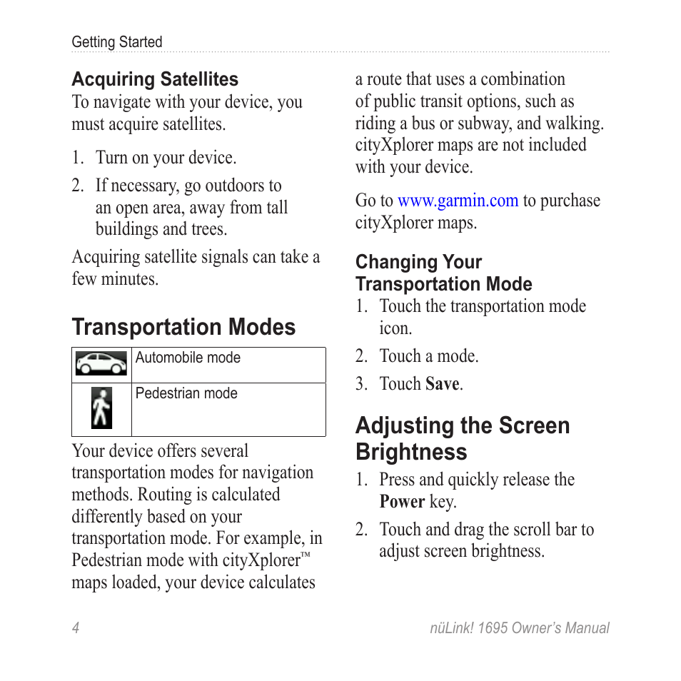 Transportation modes, Adjusting the screen brightness | Garmin nuLink! 1695 User Manual | Page 10 / 84