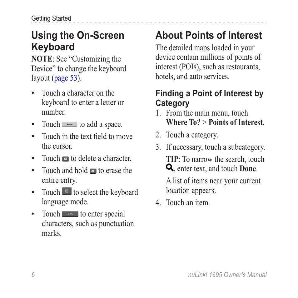 Using the on-screen keyboard, About points of interest, Using the on-screen | Keyboard | Garmin nuLink! 1695 User Manual | Page 12 / 84