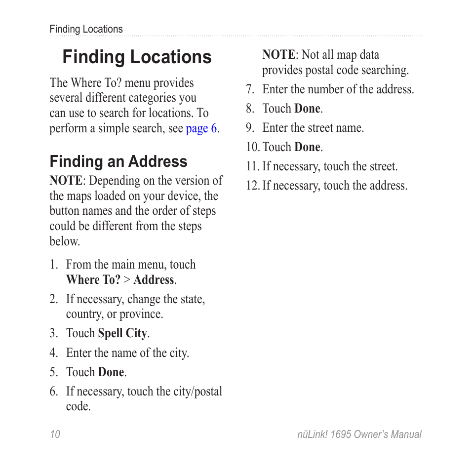 Finding locations, Finding an address | Garmin nuLink! 1695 User Manual | Page 16 / 84