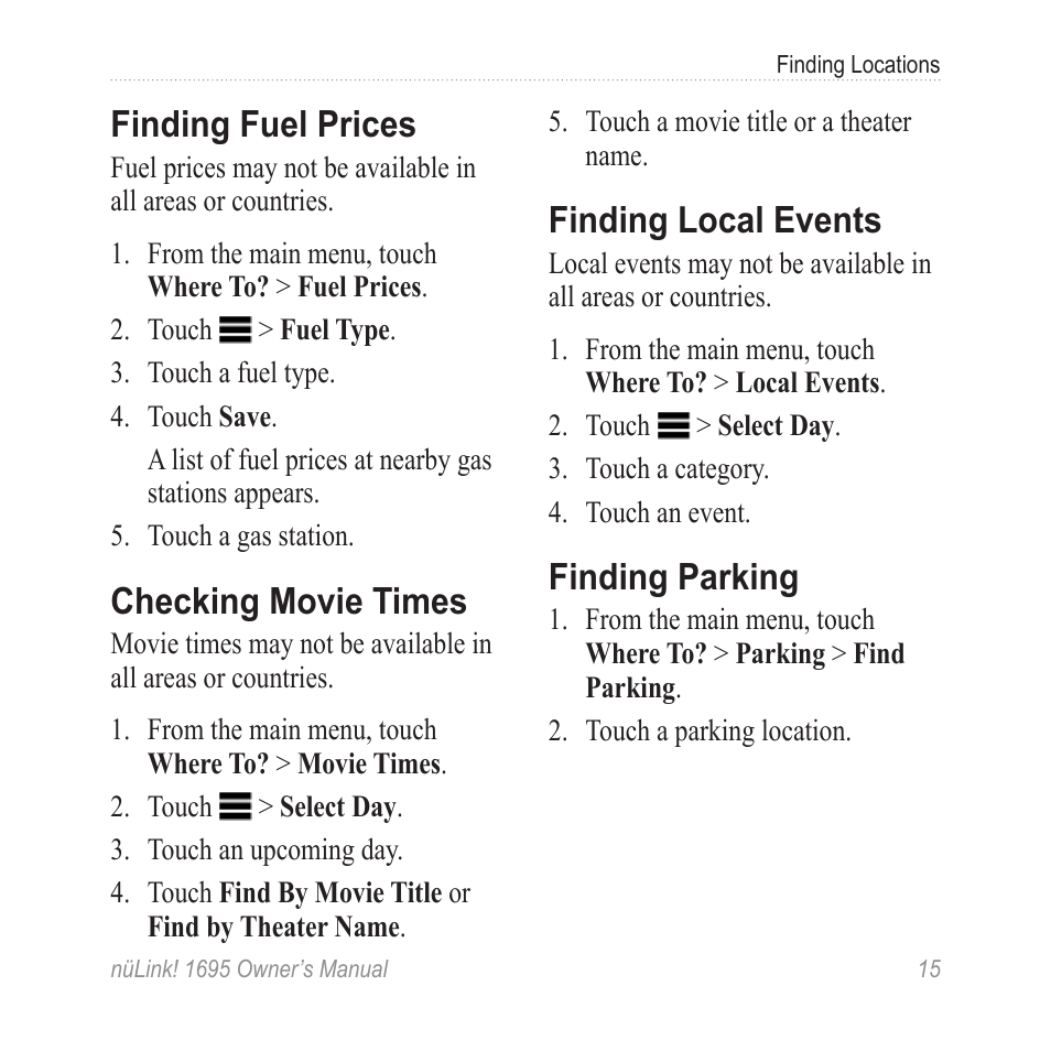 Finding fuel prices, Checking movie times, Finding local events | Finding parking | Garmin nuLink! 1695 User Manual | Page 21 / 84