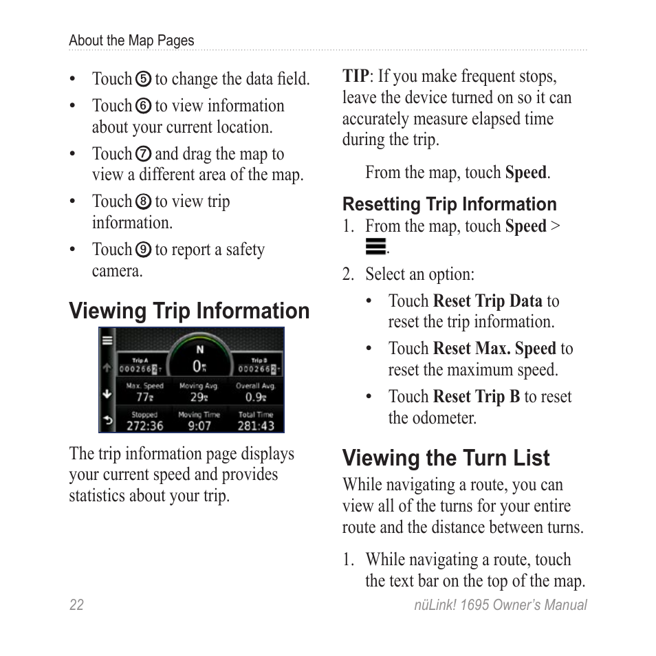 Viewing trip information, Viewing the turn list | Garmin nuLink! 1695 User Manual | Page 28 / 84