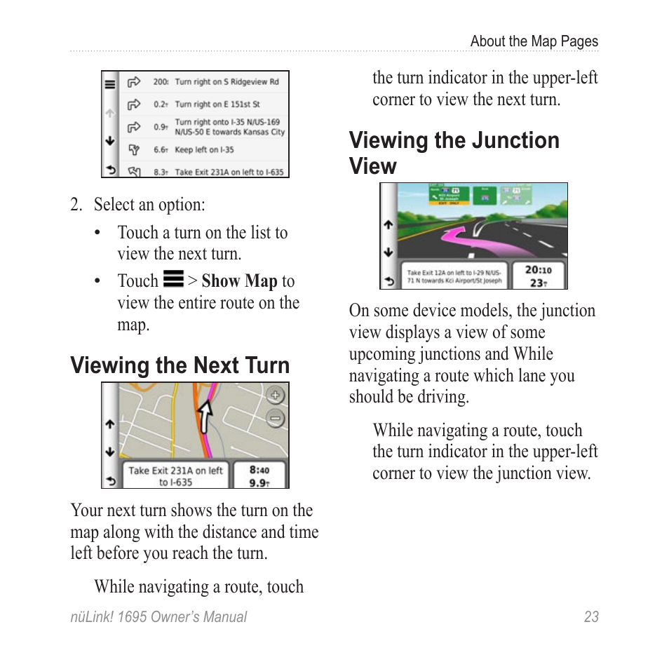 Viewing the next turn, Viewing the junction view | Garmin nuLink! 1695 User Manual | Page 29 / 84