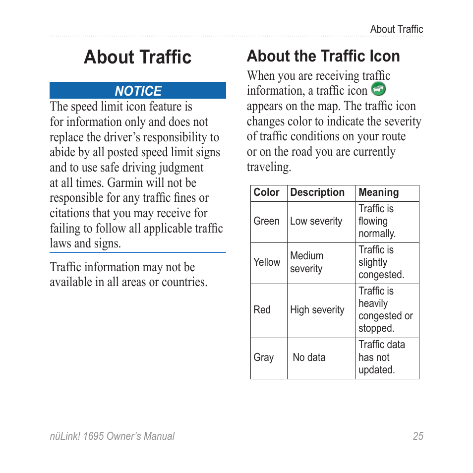 About traffic, About the traffic icon | Garmin nuLink! 1695 User Manual | Page 31 / 84