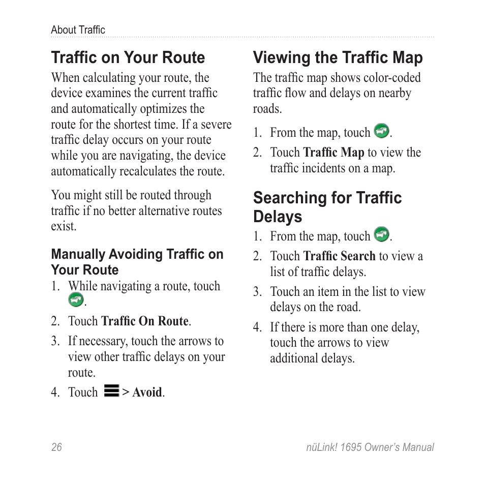 Traffic on your route, Viewing the traffic map, Searching for traffic delays | Garmin nuLink! 1695 User Manual | Page 32 / 84