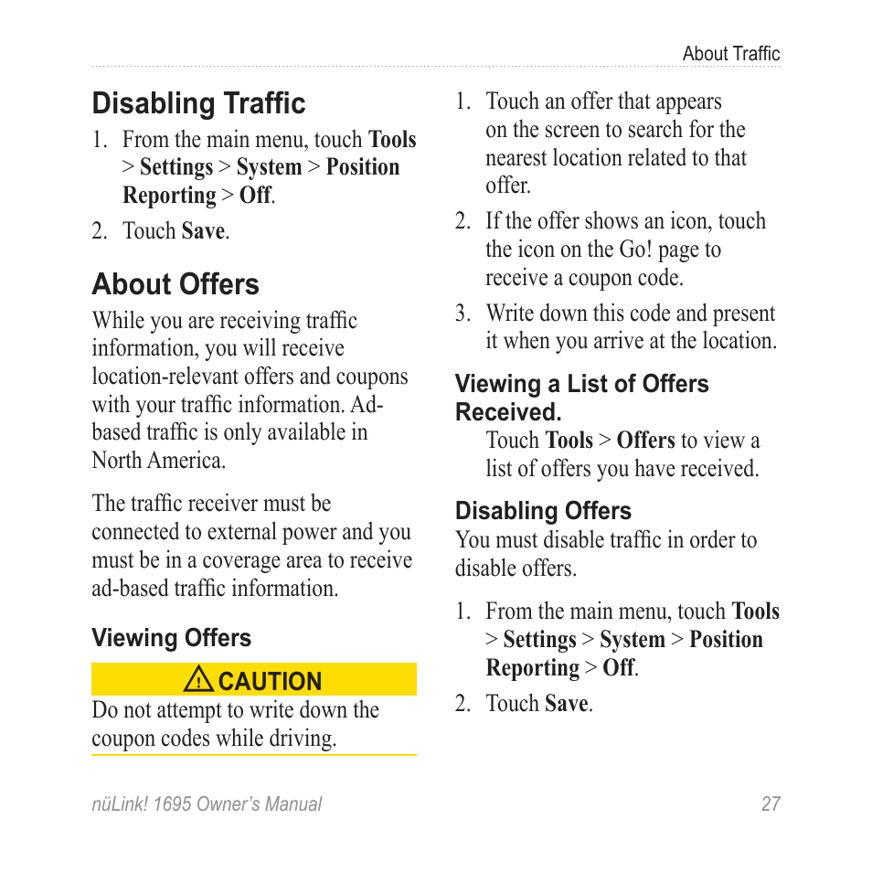 Disabling traffic, About offers | Garmin nuLink! 1695 User Manual | Page 33 / 84