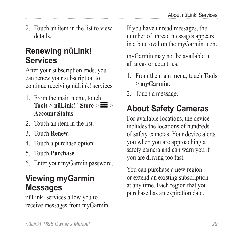 Renewing nülink! services, Viewing mygarmin messages, About safety cameras | Viewing mygarmin, Messages | Garmin nuLink! 1695 User Manual | Page 35 / 84