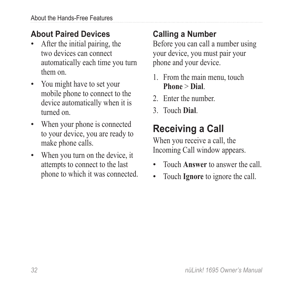 Receiving a call | Garmin nuLink! 1695 User Manual | Page 38 / 84