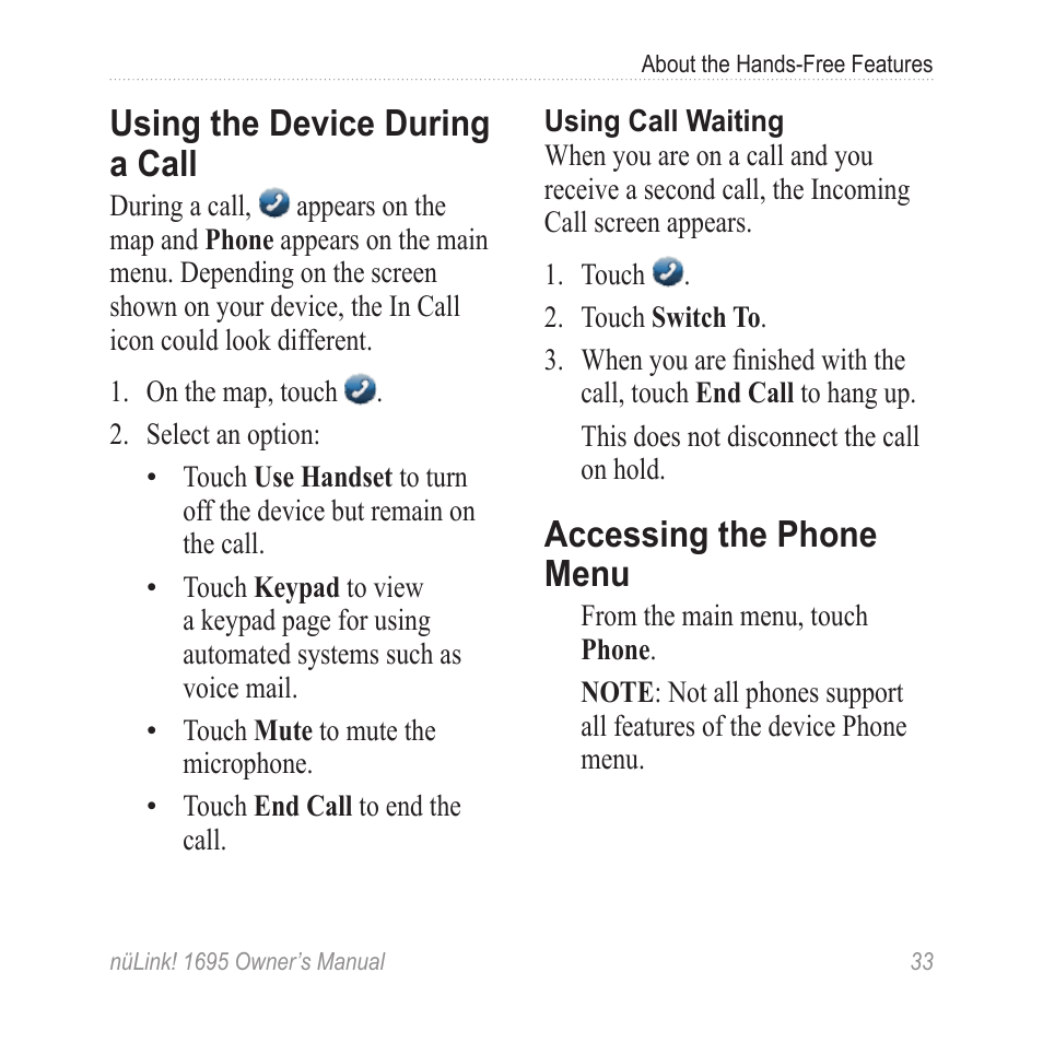 Using the device during a call, Accessing the phone menu, Using the device during a | Call | Garmin nuLink! 1695 User Manual | Page 39 / 84