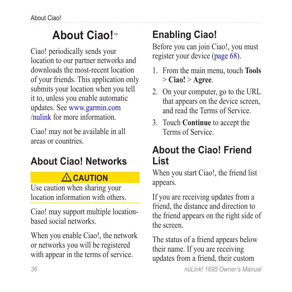 About ciao, About ciao! networks, Enabling ciao | About the ciao! friend list | Garmin nuLink! 1695 User Manual | Page 42 / 84