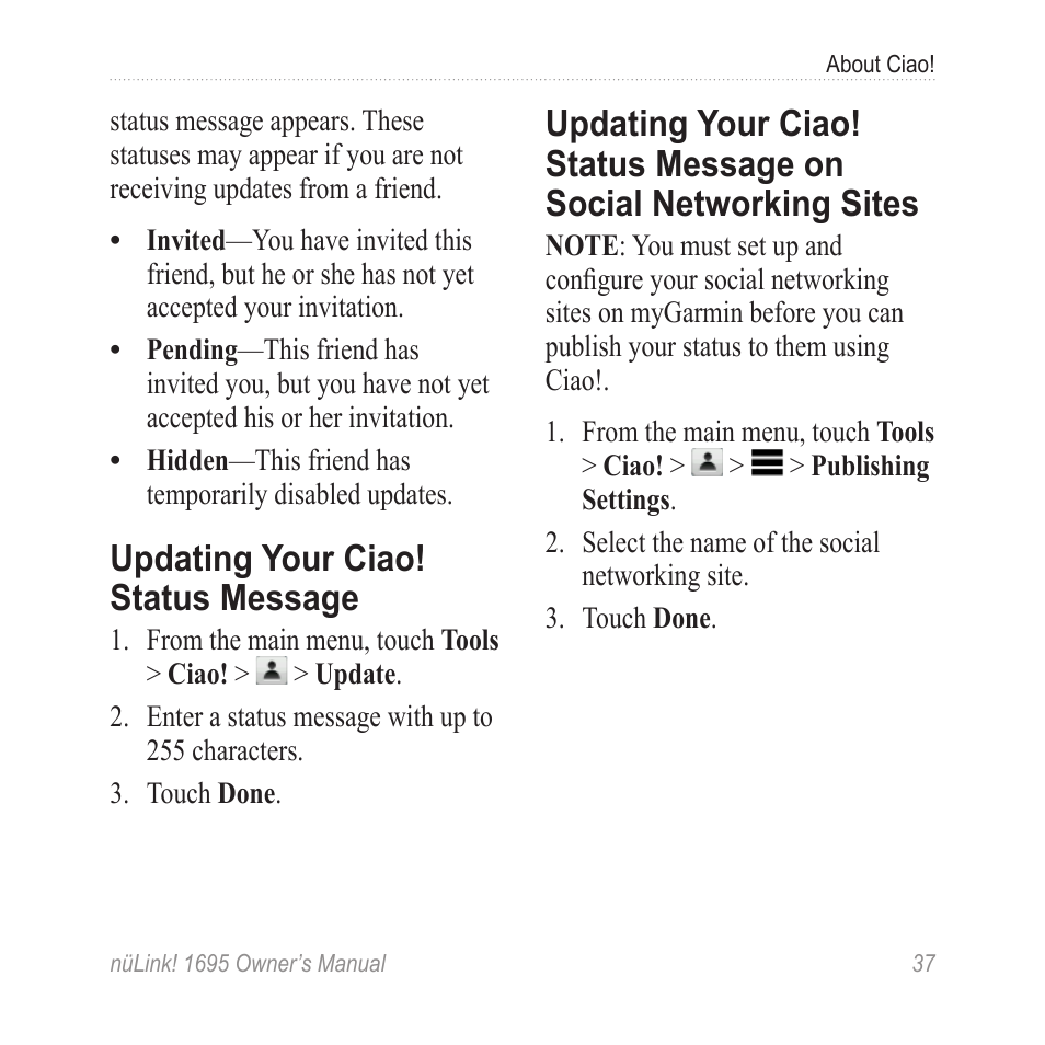 Updating your ciao! status message, Updating your ciao! status, Message | Message on social, Networking sites | Garmin nuLink! 1695 User Manual | Page 43 / 84