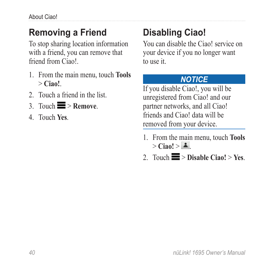 Removing a friend, Disabling ciao | Garmin nuLink! 1695 User Manual | Page 46 / 84