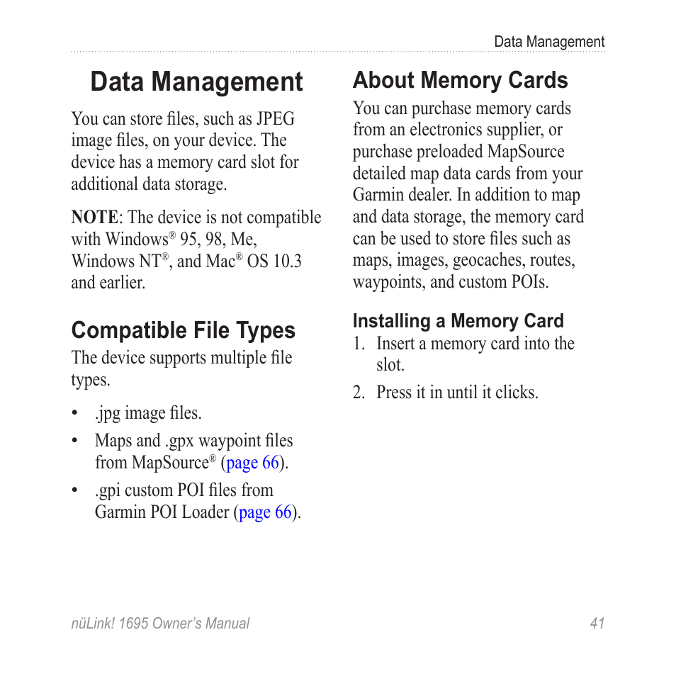 Data management, Compatible file types, About memory cards | Garmin nuLink! 1695 User Manual | Page 47 / 84