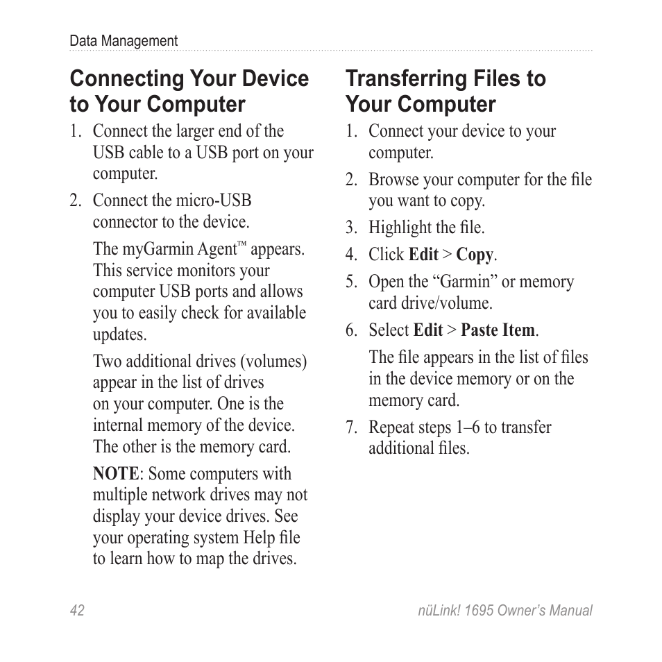 Connecting your device to your computer, Transferring files to your computer, Connecting your device to your | Computer, Transferring files to your | Garmin nuLink! 1695 User Manual | Page 48 / 84