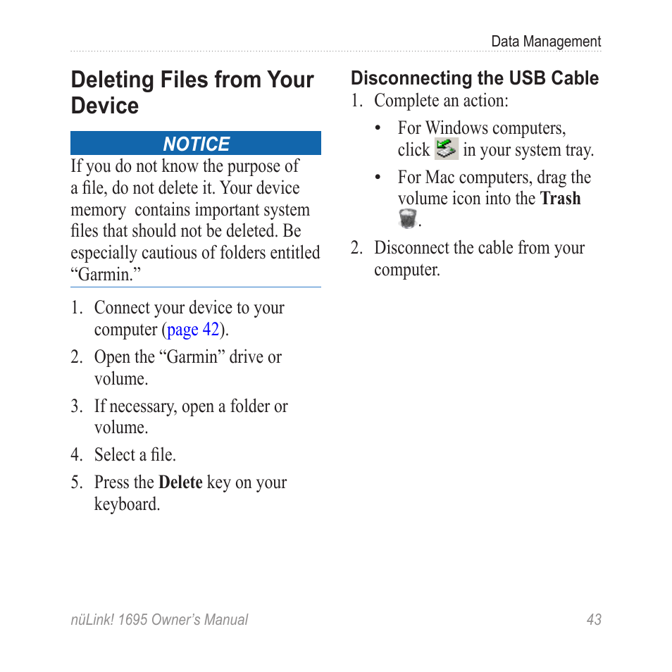 Deleting files from your device, Deleting files from your, Device | Garmin nuLink! 1695 User Manual | Page 49 / 84