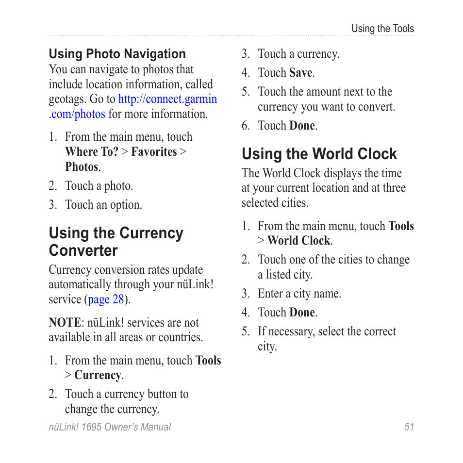 Using the currency converter, Using the world clock, Using the currency | Converter | Garmin nuLink! 1695 User Manual | Page 57 / 84