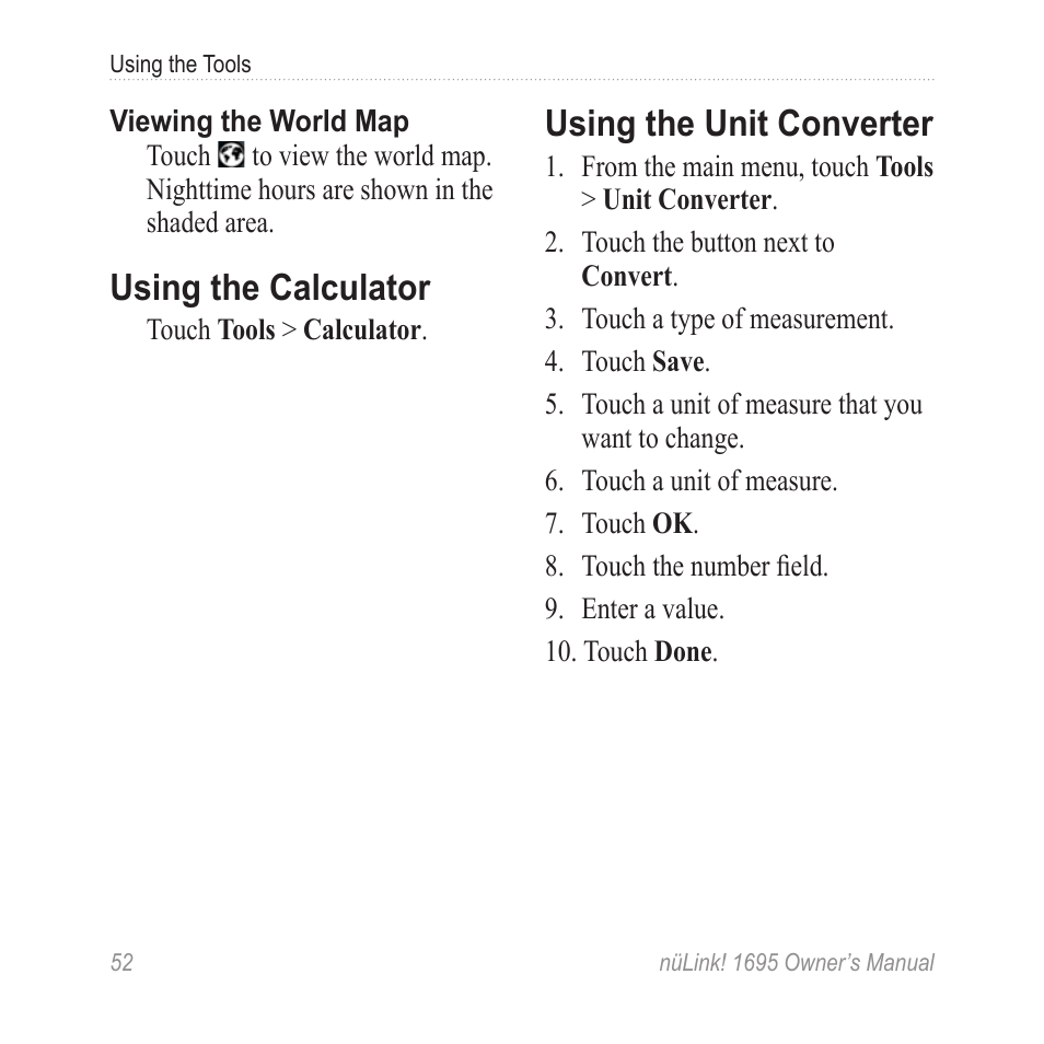 Using the calculator, Using the unit converter | Garmin nuLink! 1695 User Manual | Page 58 / 84