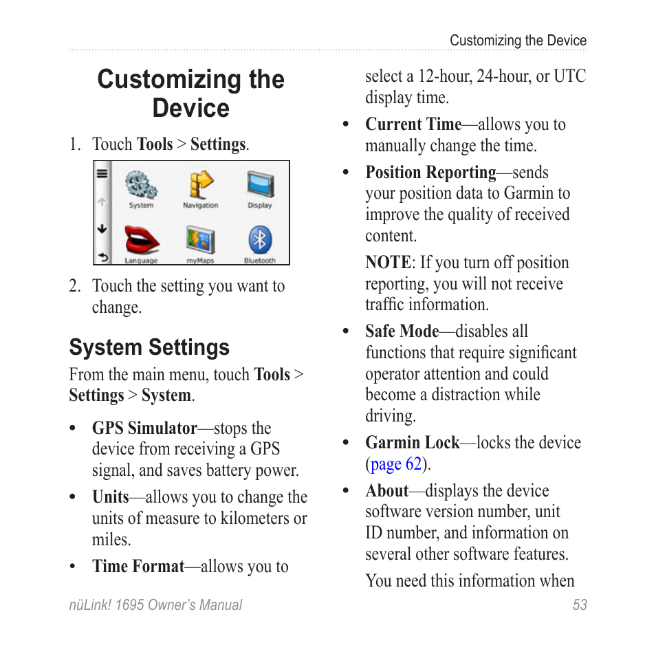 Customizing the device, System settings | Garmin nuLink! 1695 User Manual | Page 59 / 84