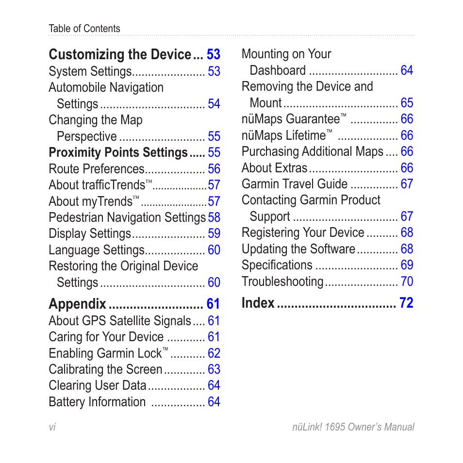 Customizing the device, Appendix, Index | Garmin nuLink! 1695 User Manual | Page 6 / 84