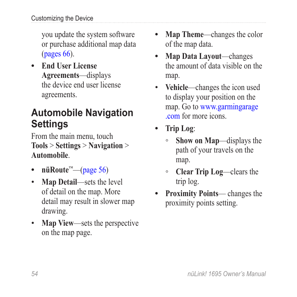 Automobile navigation settings, Automobile navigation, Settings | Garmin nuLink! 1695 User Manual | Page 60 / 84