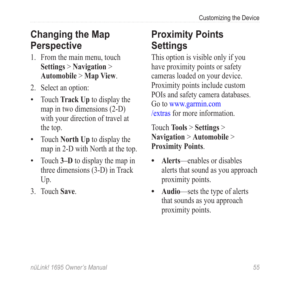 Changing the map perspective, Proximity points settings, Changing the map | Perspective | Garmin nuLink! 1695 User Manual | Page 61 / 84