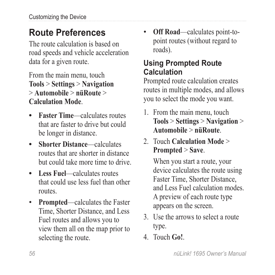 Route preferences | Garmin nuLink! 1695 User Manual | Page 62 / 84