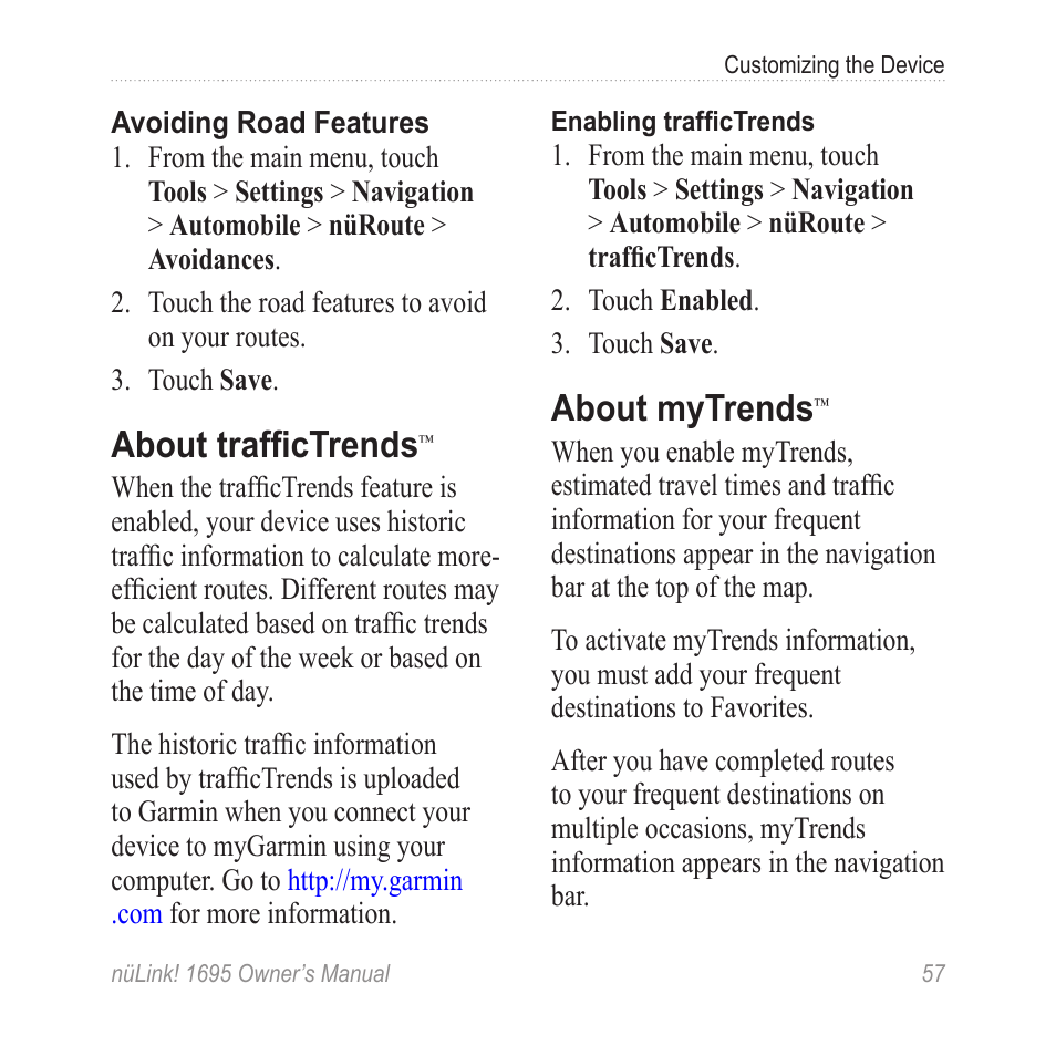 About traffictrends, About mytrends | Garmin nuLink! 1695 User Manual | Page 63 / 84