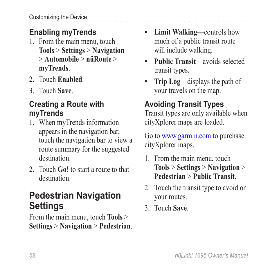 Pedestrian navigation settings | Garmin nuLink! 1695 User Manual | Page 64 / 84