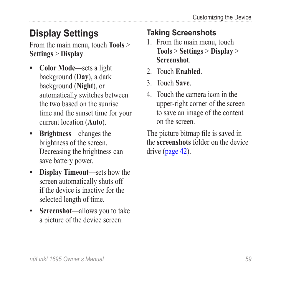 Display settings | Garmin nuLink! 1695 User Manual | Page 65 / 84