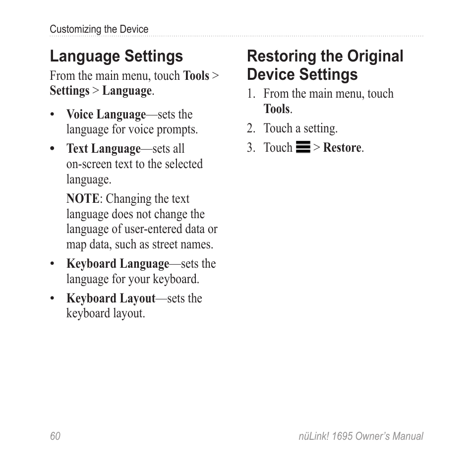 Language settings, Restoring the original device settings, Restoring the original device | Settings | Garmin nuLink! 1695 User Manual | Page 66 / 84