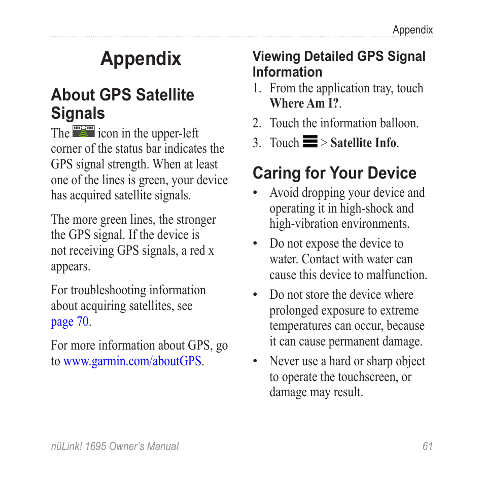 Appendix, About gps satellite signals, Caring for your device | Garmin nuLink! 1695 User Manual | Page 67 / 84