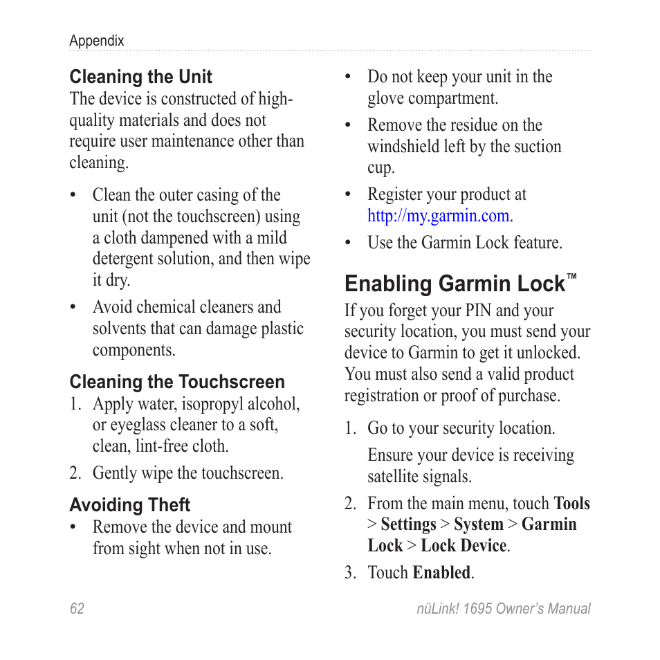 Enabling garmin lock | Garmin nuLink! 1695 User Manual | Page 68 / 84