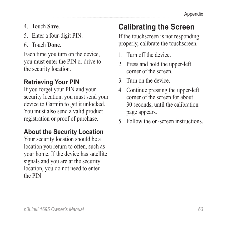 Calibrating the screen | Garmin nuLink! 1695 User Manual | Page 69 / 84