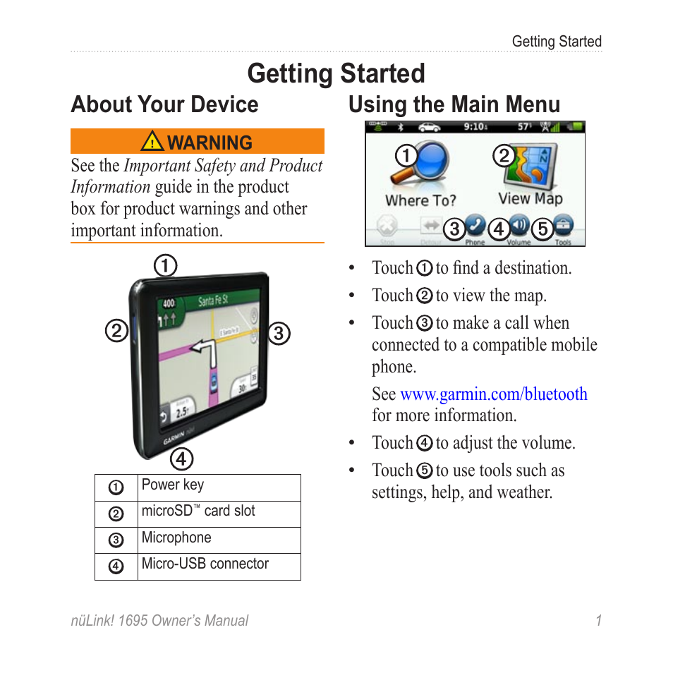 Getting started, About your device, Using the main menu | Garmin nuLink! 1695 User Manual | Page 7 / 84