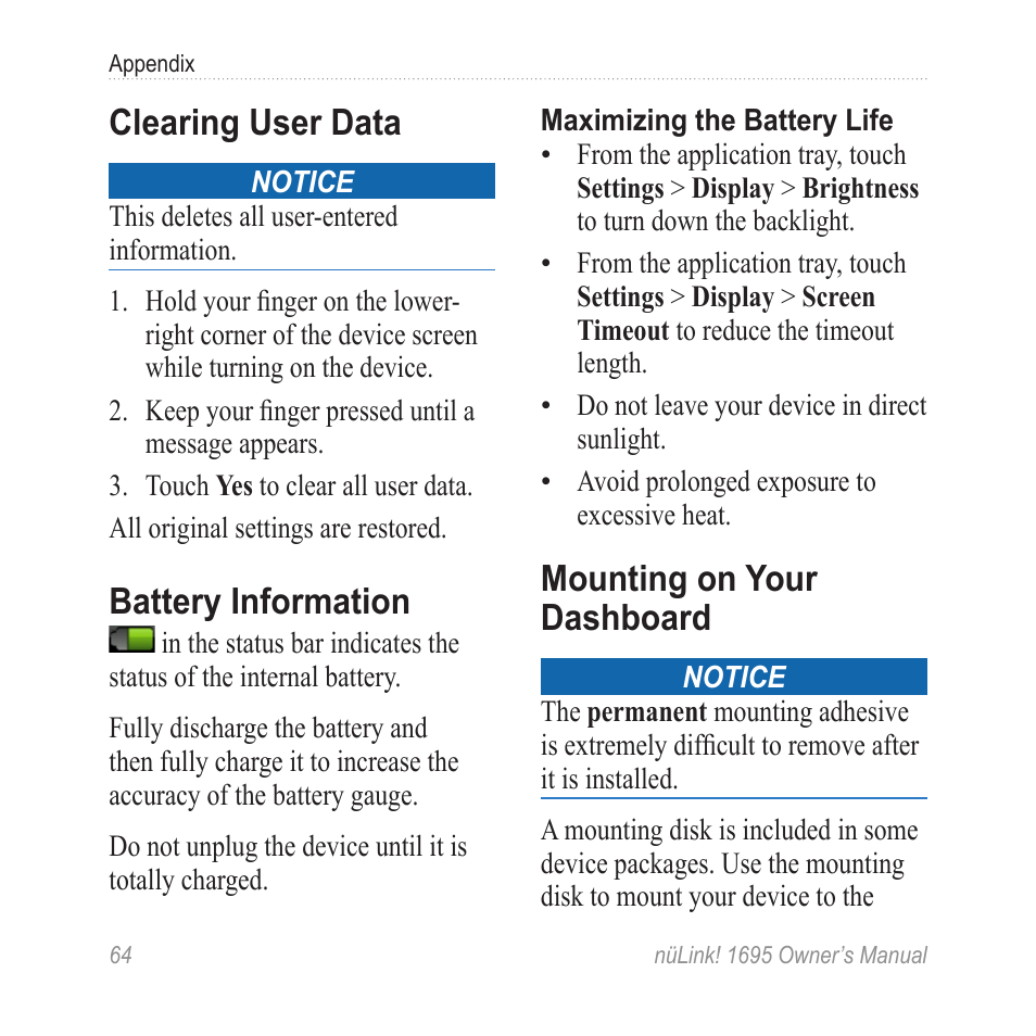 Clearing user data, Battery information, Mounting on your dashboard | Mounting on your, Dashboard | Garmin nuLink! 1695 User Manual | Page 70 / 84