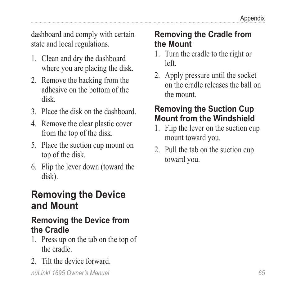 Removing the device and mount, Removing the device and, Mount | Garmin nuLink! 1695 User Manual | Page 71 / 84